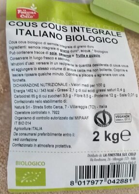 Cous cous integrale italiano biologico front packaging