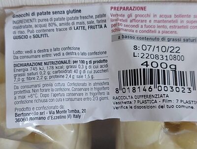 Gnocchi di patate nutrition facts table