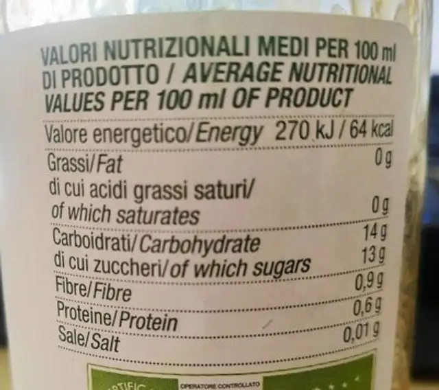 Succobene Albiccoca nutrition facts table