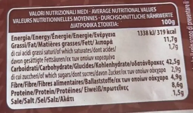 Piadina di kamut nutrition facts table