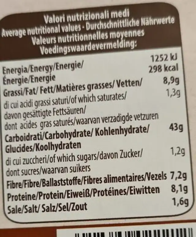 Piadina De Ble Complet (300 GR) nutrition facts table
