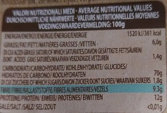 Farina di avena integrale nutrition facts table