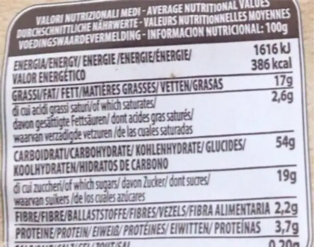 Biscotti con gocce di cioccolato nutrition facts table