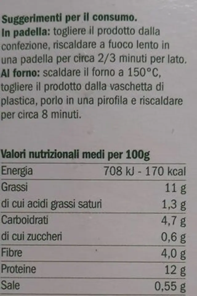 Polpette vegetali biologiche nutrition facts table
