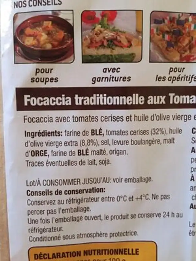 Foccacia tomates cerises ingredients label