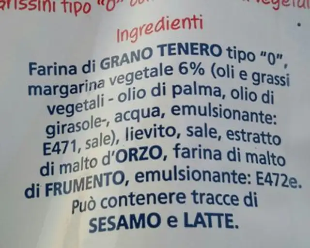 Grissini Friabili ingredients label