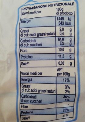 Fusilli integrali nutrition facts table