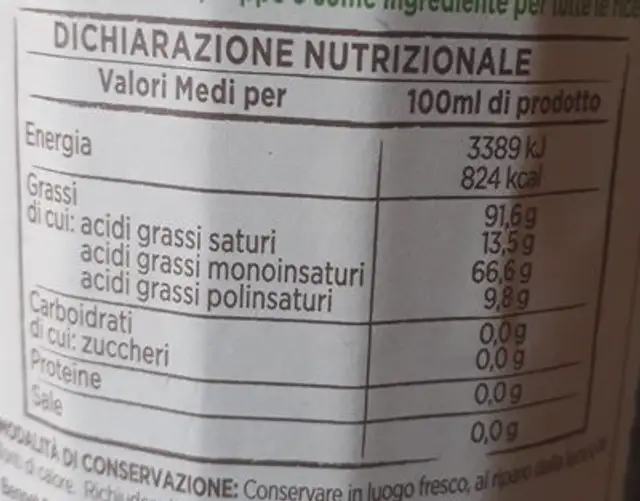 Olio extravergine di oliva biologico ingredients label