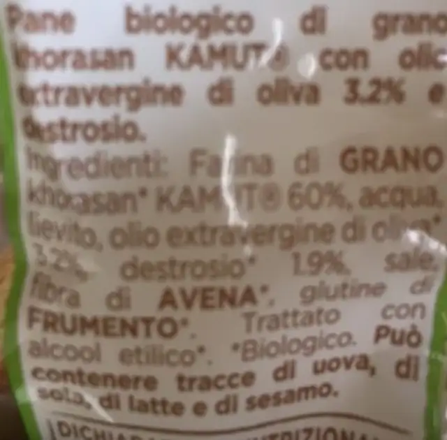 Pane Kamut ingredients label