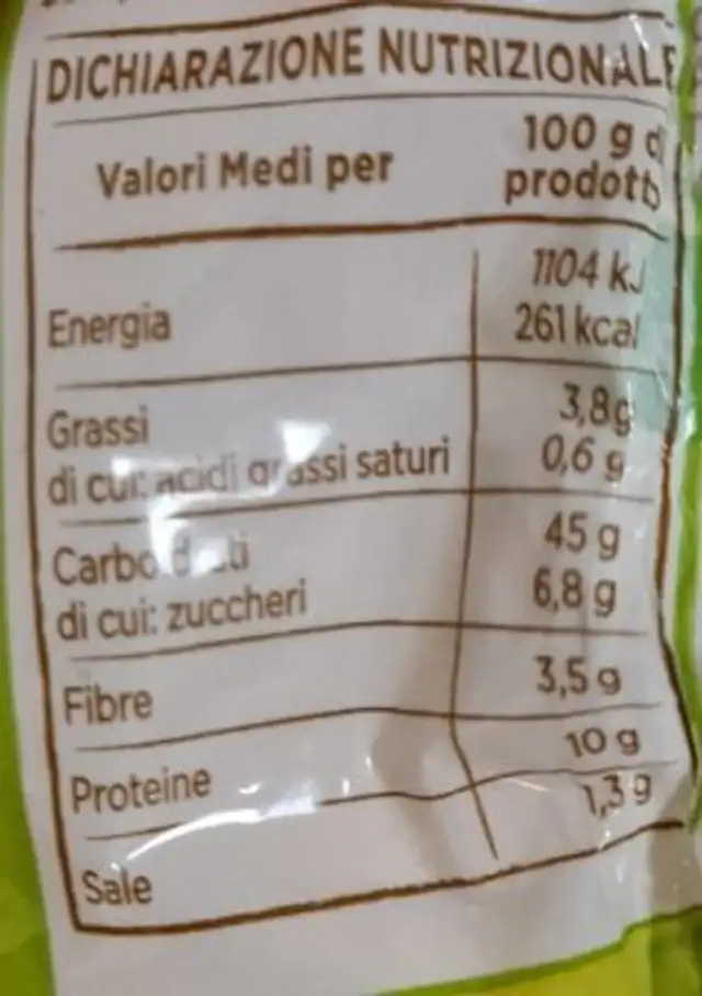 Pane Kamut nutrition facts table
