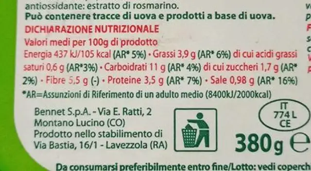 Lasagne al ragù di soia nutrition facts table