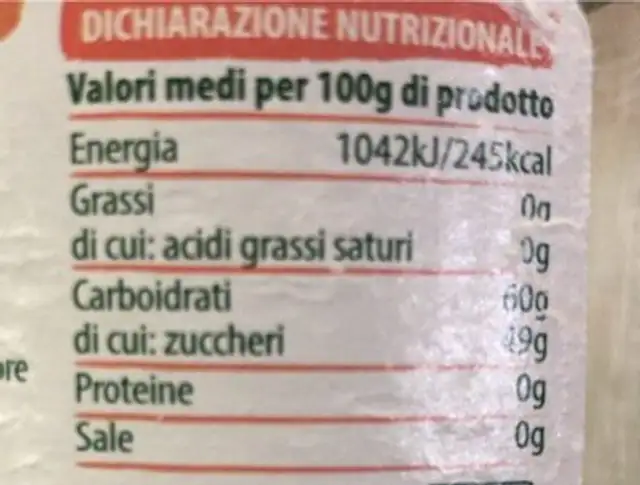 Confettura di pesche nutrition facts table