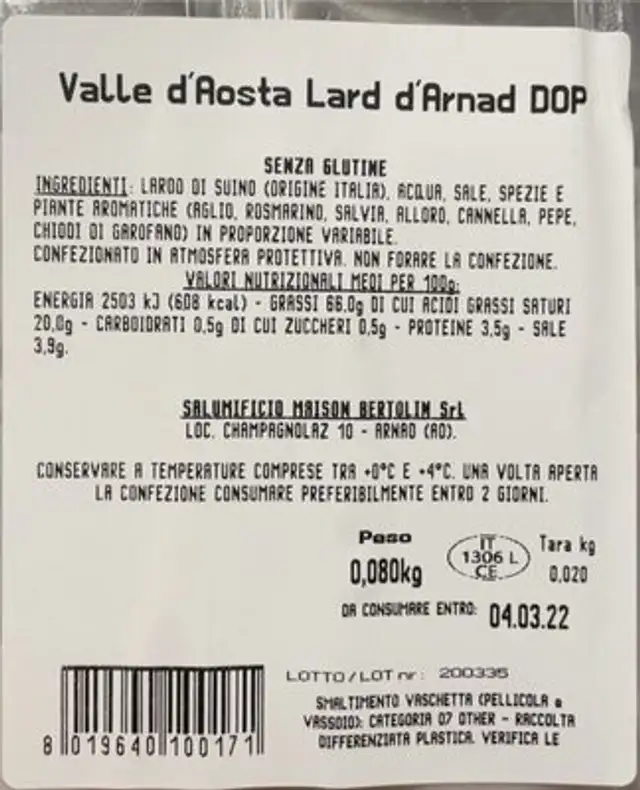 Lard D’arnad nutrition facts table