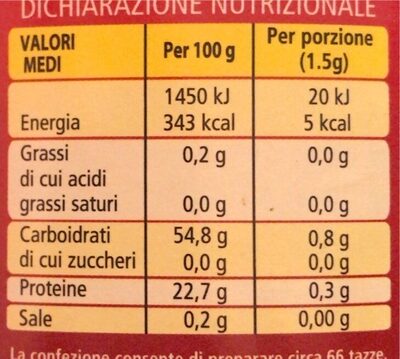 Caffè solubile nutrition facts table