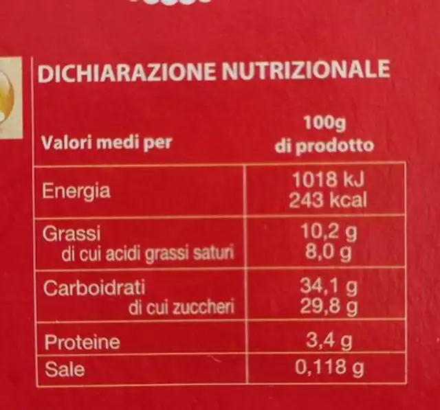 Torta Golosella nutrition facts table