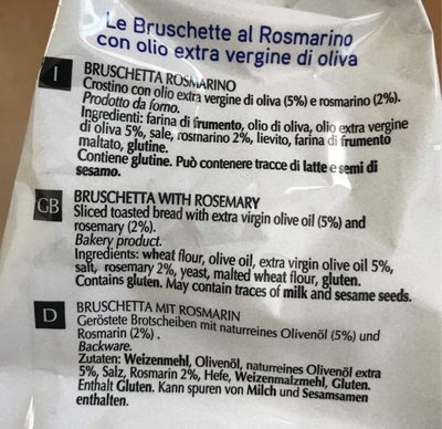 Le Bruschette al Rosmarino ingredients label