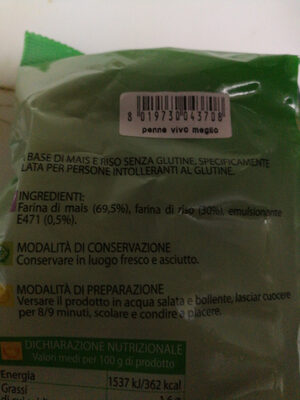 Penne mai e riso ingredients label