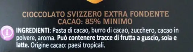 Cioccolato svizzero ingredients label