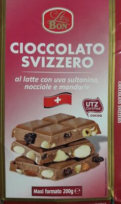 Cioccolato svizzero al latte con uva sultanina e mandorle