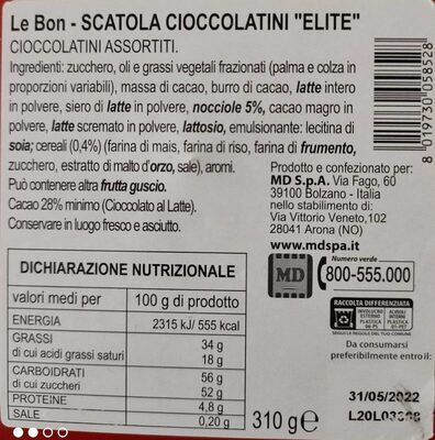 Le bon scatola cioccolatini"elite" nutrition facts table