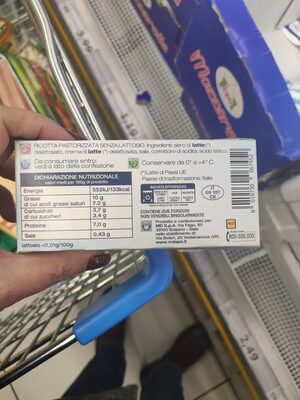 Ricotta senza lattosio ingredients label