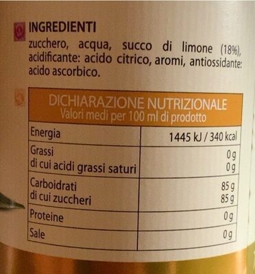Sciroppo di Limone nutrition facts table