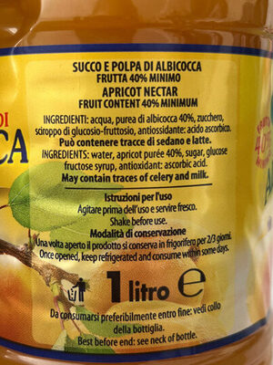Succo e polpa di albicocca ingredients label