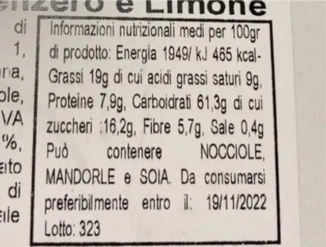Biscotti piemontesi nutrition facts table
