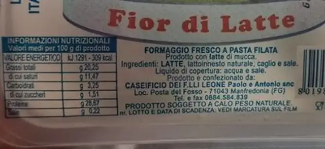 Fior di latte nutrition facts table
