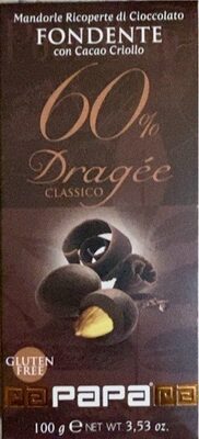 Mandorle ricoperte di cioccolato fondente front packaging