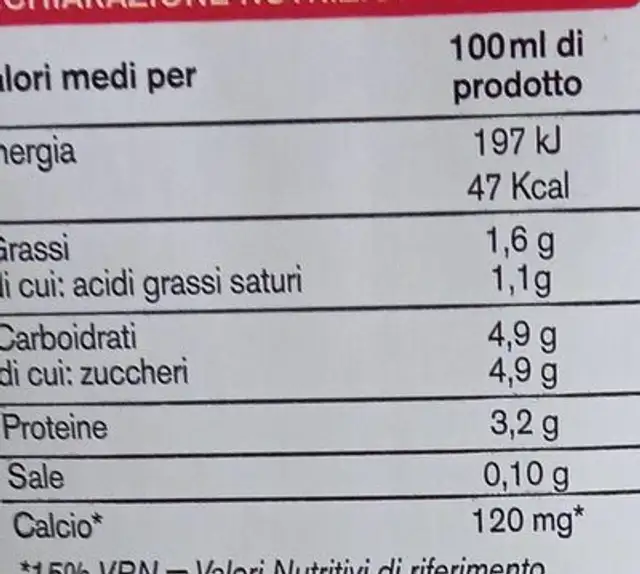Latte UHT parzialmente scremato nutrition facts table