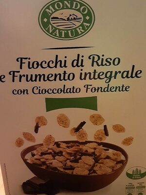Fiocchi di riso e frumento integrale con cioccolato fondente front packaging