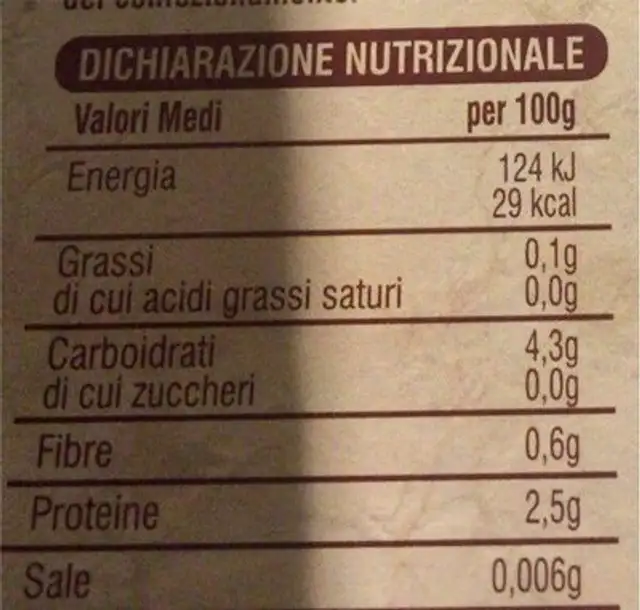 Funghi porcini secchi nutrition facts table