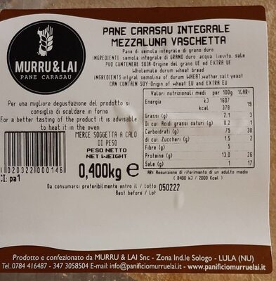 Pane carasau integrale mezzaluna vaschetta