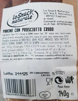 Panino con prosciutto crudo nutrition facts table