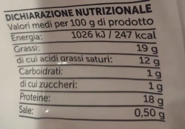 Mozzarella nutrition facts table