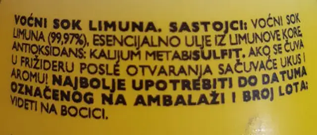Limmi Lemon Juice ingredients label