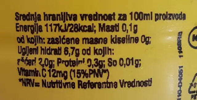 Limmi Lemon Juice nutrition facts table