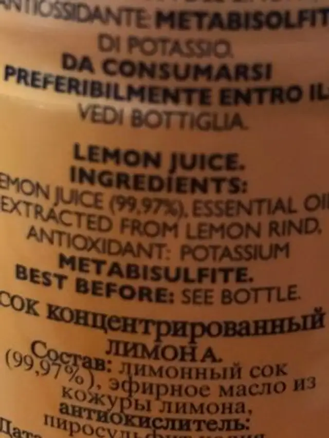 succo di limone ingredients label