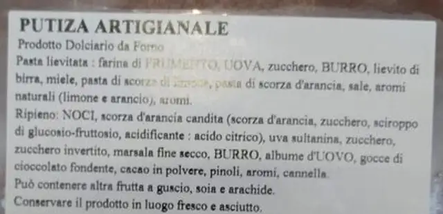 Putiza artigianale ingredients label