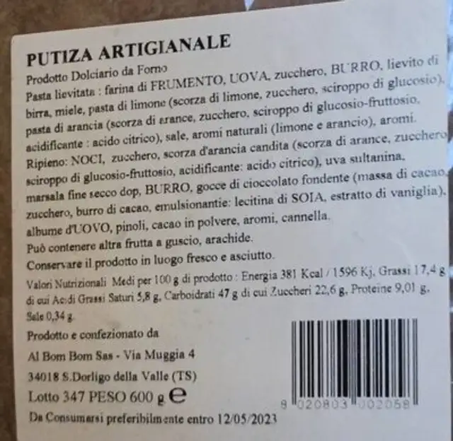 Putiza artigianale nutrition facts table