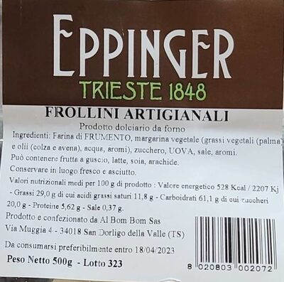 Frollini artigianali nutrition facts table