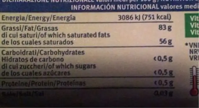 Burro biologico nutrition facts table