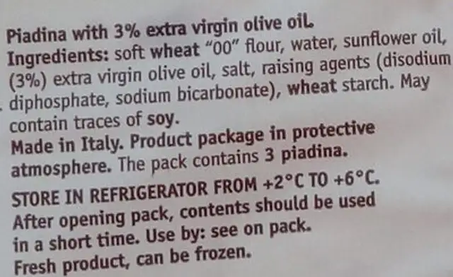 PIADINA ROMAGNOLA IGP ALLA RIMINESE ingredients label