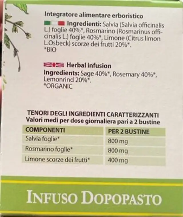 Infuso dopo pasto nutrition facts table