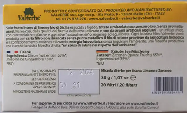Limone e zenzero ingredients label