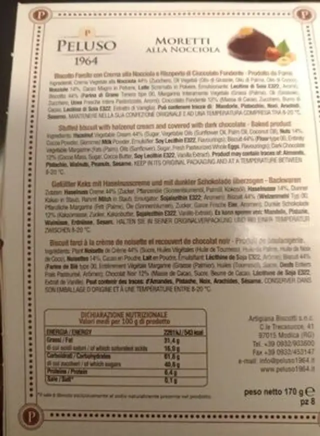 Moretti alla nocciola nutrition facts table