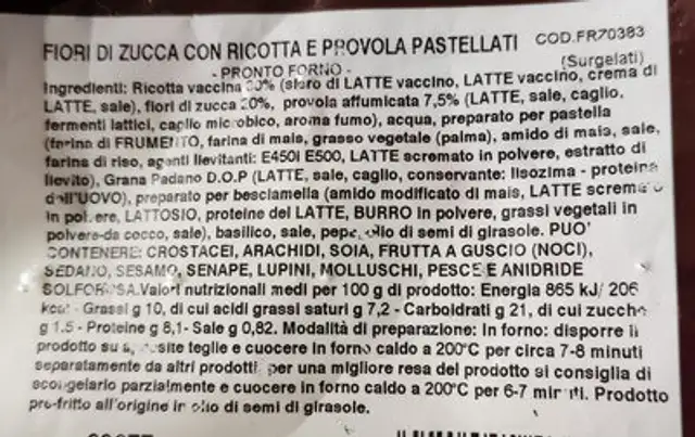 Fiori di Zucca con Ricotta e Provola Pastellati ingredients label