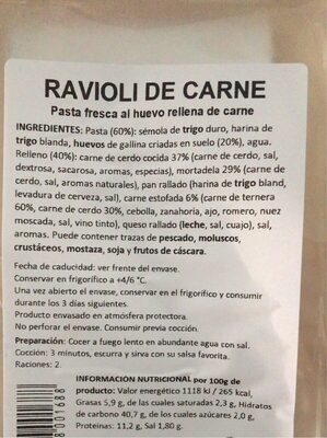 Ravioli de carne nutrition facts table