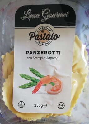 Panzerotti con scampi e asparagi